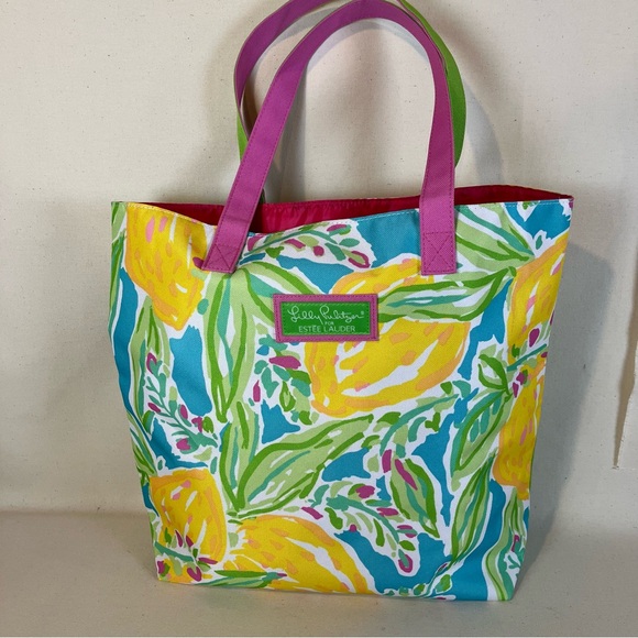 Lilly Pulitzer for Estée Lauder Pink and Yellow Tropical Tote Bag - Picture 1 of 9